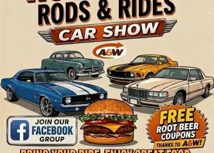 Cartoon images of several classic cars gathered, a burger in front of them, event details